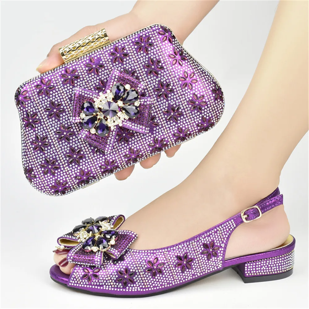 

Italian Design Nigerian Fashion Special Many shapes Crystal Decoration Style Purple Color Party Shoes and Bags Set