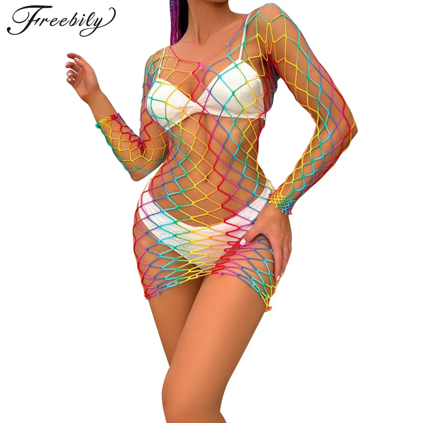 

Women Colorful Hollow Out Fishnet Mini Dress Femme Sexy Night See-through Long Sleeve Bodycon Dresses Bikini Cover Ups Beachwear