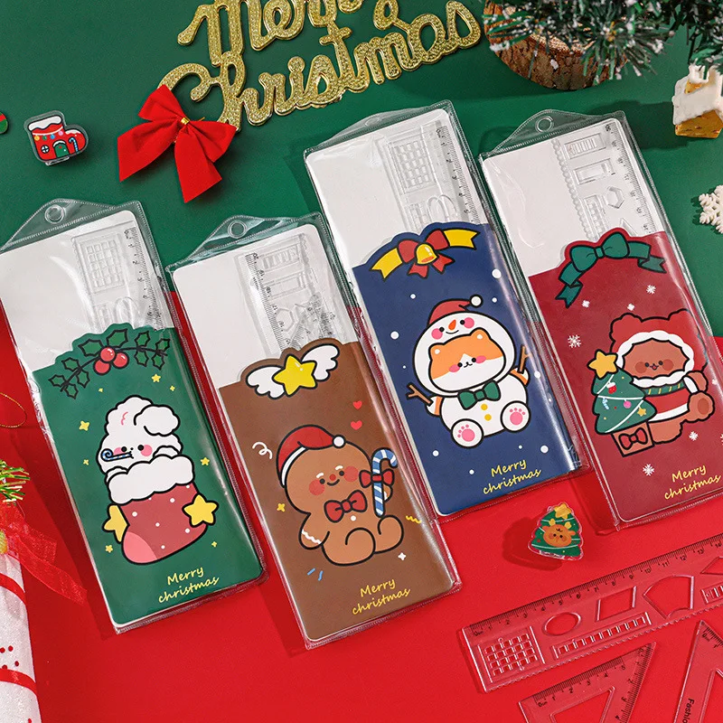 

4pcs Kawaii Christmas Rabbit Dog Ruler Stationery Set Multifunctional Combination Ruler Ruler Triangle Protractor Drawing Gift