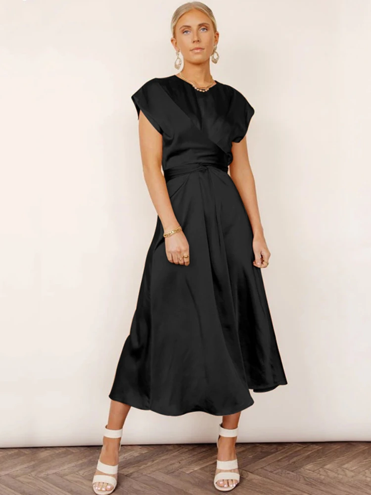 

Elegant Satin Long Dress Summer Sleeveless Luxury Evening Dresses Black Bandage Solid Fashion Casual Female Robe