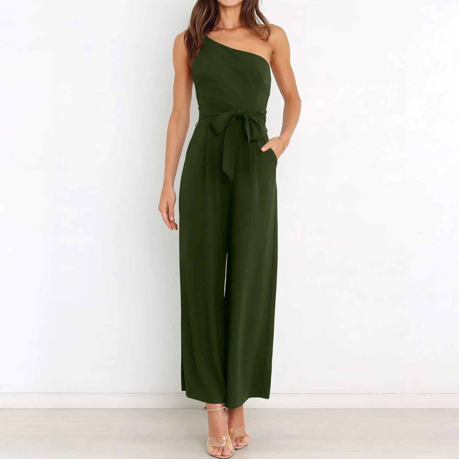 

Women Solid Colour Elegant Jumpsuits Single Shoulder Sleeveless Lace Up Romper Bodysuit Fashion Casual Women's Clothing