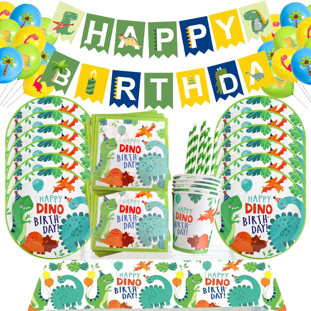 Juego de vajilla desechable con temática de dinosaurio para niños, vajilla de decoración de fiesta de cumpleaños, plato de taza, suministros para Baby Shower