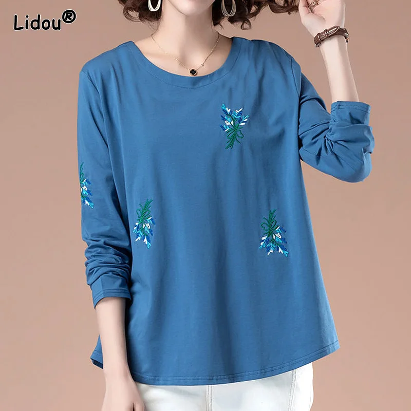 

Pure Cotton Plus Size Mother Clothes Embroidery Floral Vintage T-Shirts O-Neck Spring Summer Loose Long Sleeve Women's Clothing
