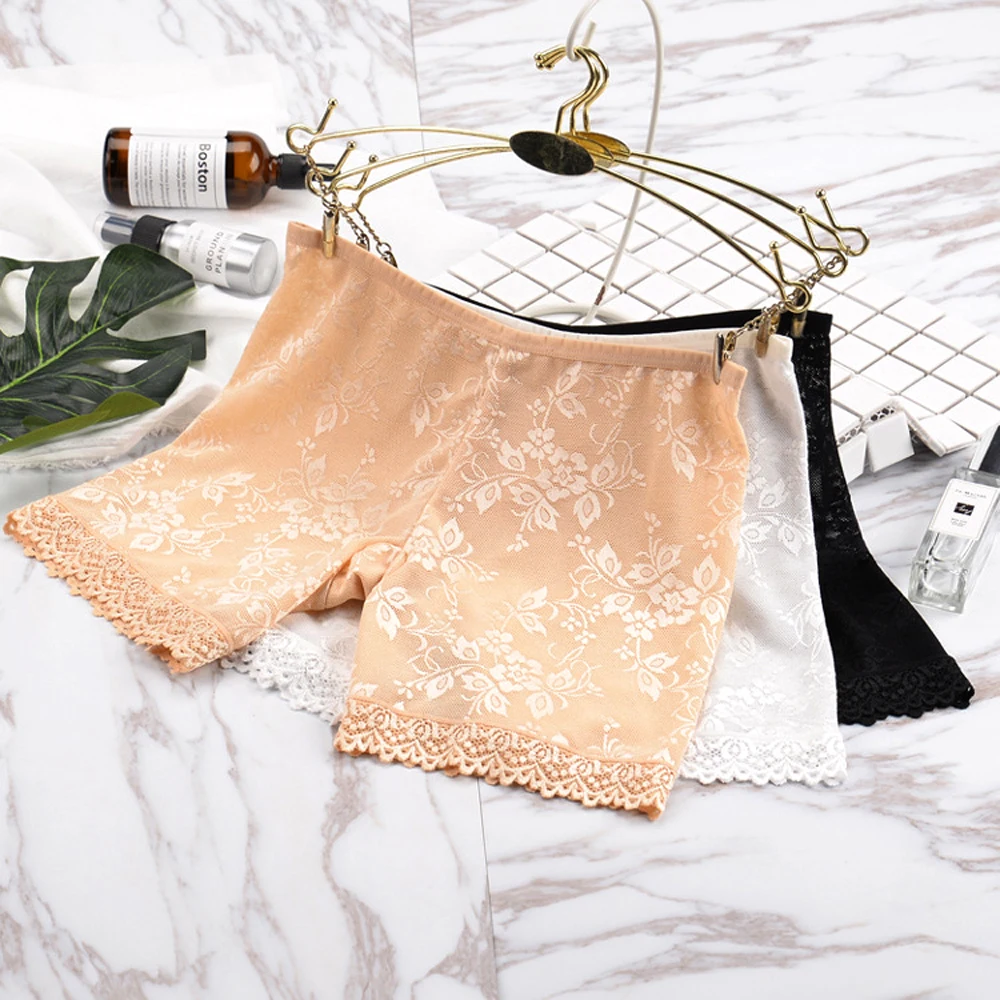 

New Sexy Women's Plus Size Safety Anti-emptied Pants Cotton Nylon High Waist Lace Hollow-out Mesh Breathable Shorts Panties