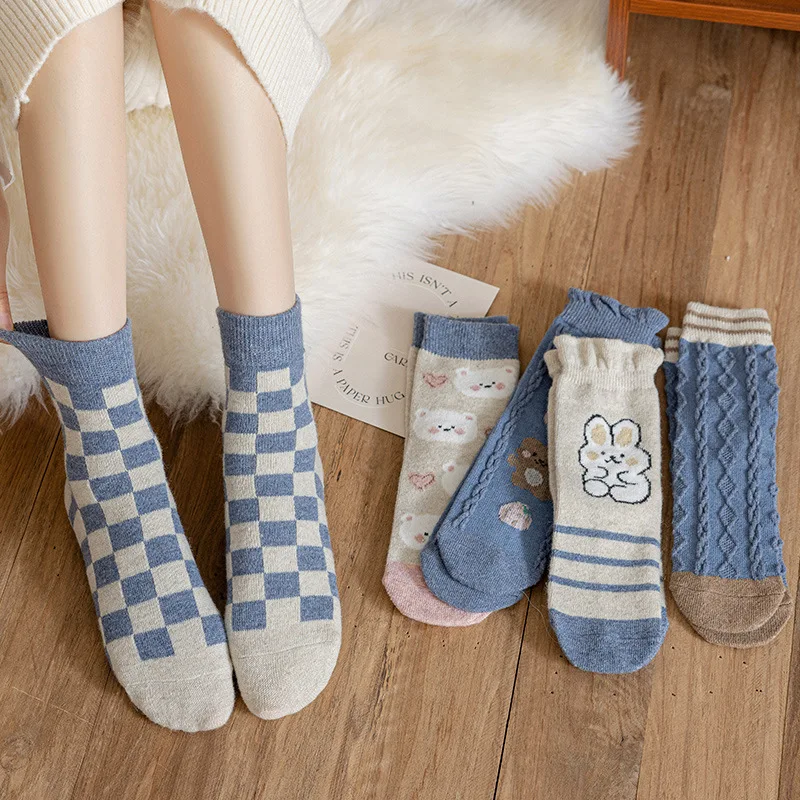 

Rabbit Plaid Women Sock Thin Cartoon Ladies Socks Blue Warm Unisex Crew Casual Cotton Sox Girls Spring Autumn Trendy Skarpetki