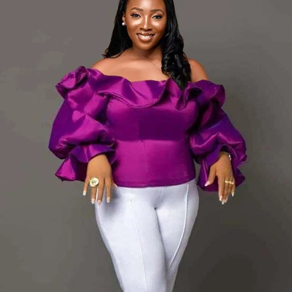 

New Women Blouse Fashion Casual Long Lantern Sleeve Shoulder Off Solid Color Loose Pullover Western Style Elegant Ladies Blouse