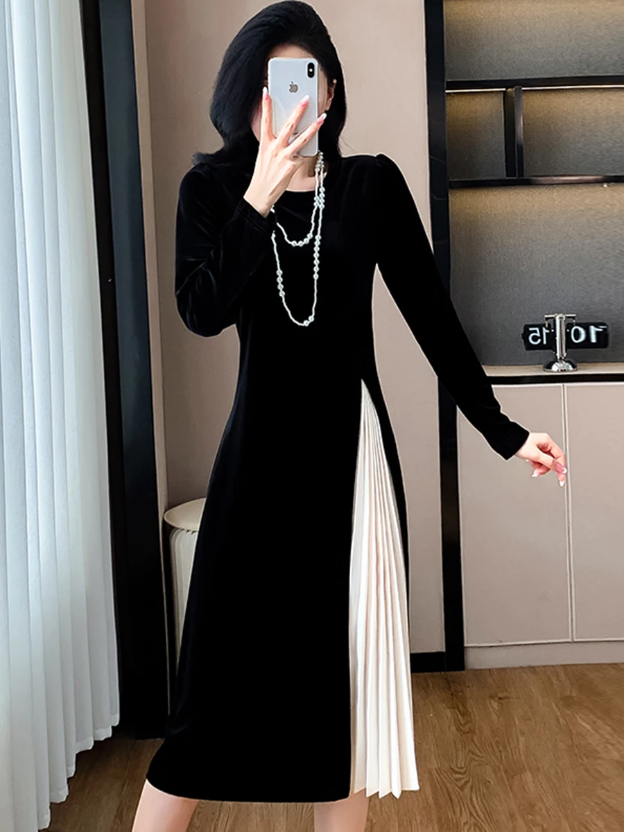 Высококлассный дизайн бархатное лоскутное платье с круглым вырезом осень-зима