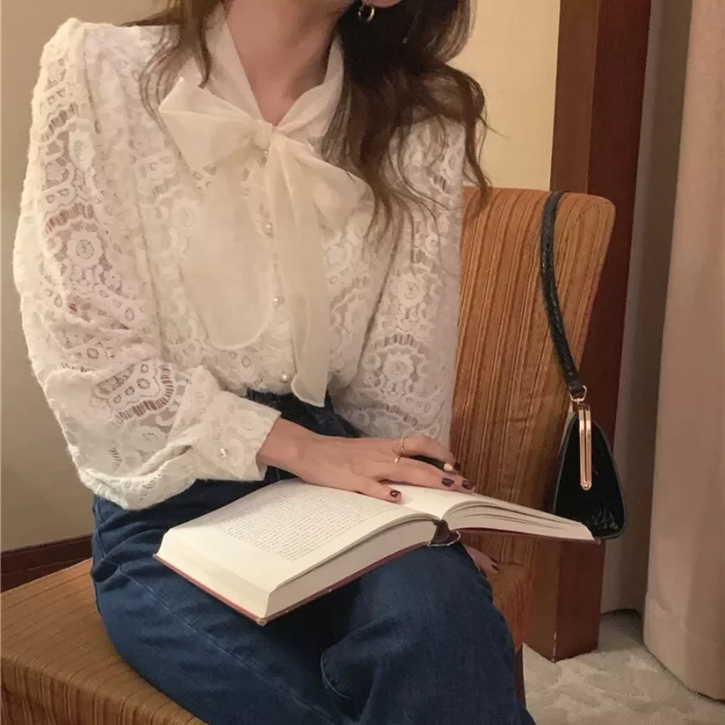 

Женская кружевная рубашка с бантом, с длинным рукавом