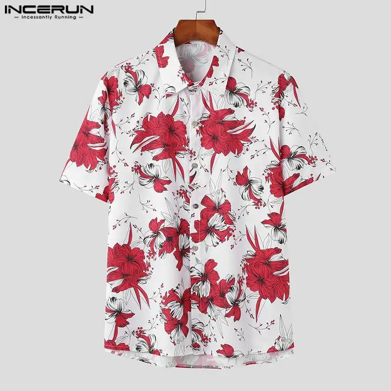 

INCERUN Tops 2023 Korean Style New Men's Fashion Plant Print Pattern Short Sleeved Shirts Casual Vacation Hot Sale Blouse S-3XL