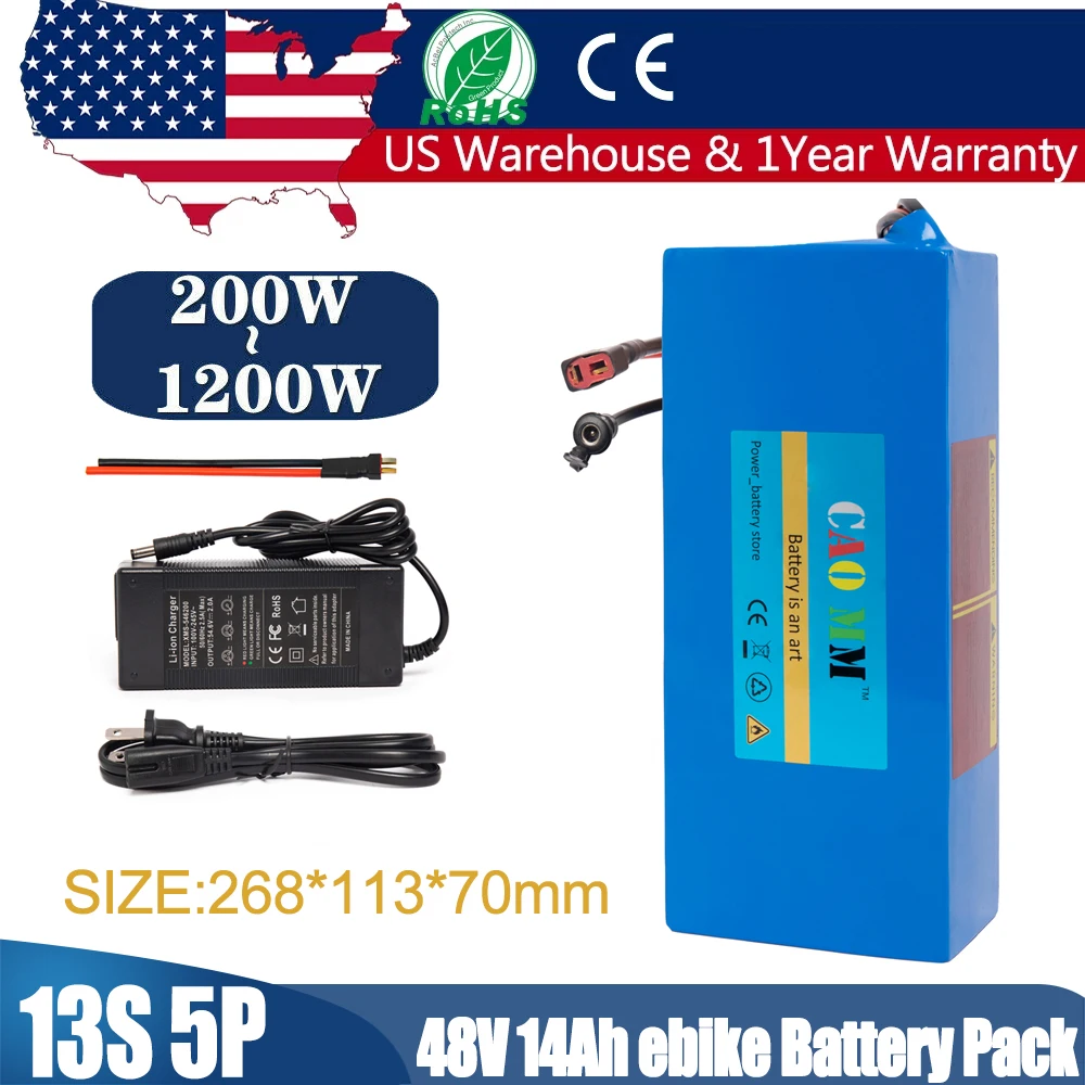 

CaoMM 48V 1000W 14Ah 13S5P XT60 Cell 18650 Lithium Ion Battery Pack For E-bike Electric Bicycle Scooter with BMS Charger