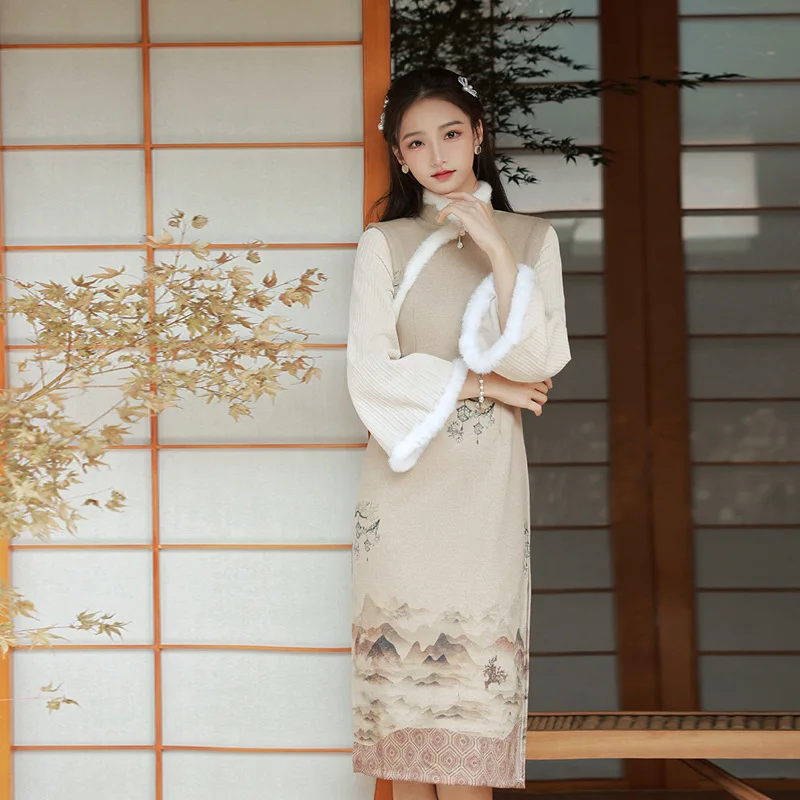 

Зима 2022 уплотненное улучшенное платье Ципао с меховым воротником и большими рукавами элегантное благородное китайское винтажное платье Ципао для девушек