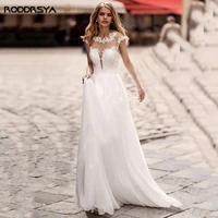 chiffon illusion scoop wedding dresses bride beach cap sleeves lace appliqued charming boho bridal bridal robe de mari%c3%a9e boh%c3%a8me