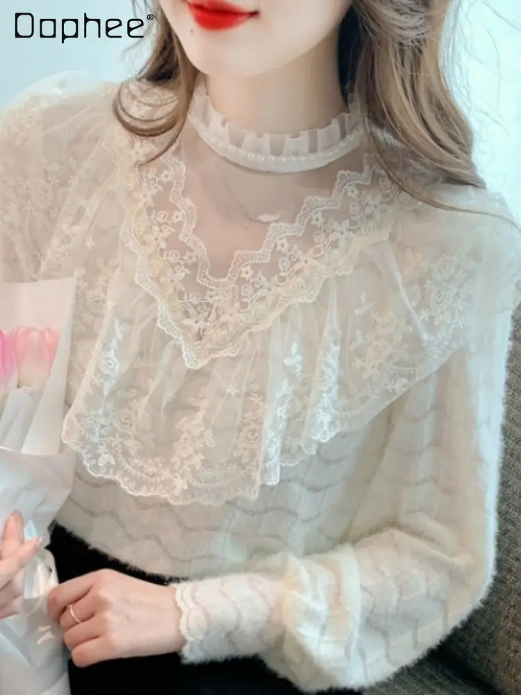 

Fairy Lace Halter Lace Shirt 2023 Spring New Ruffled Brushed Thickened Pearl Collar Long Sleeve Tops Blusas Femininas Elegantes