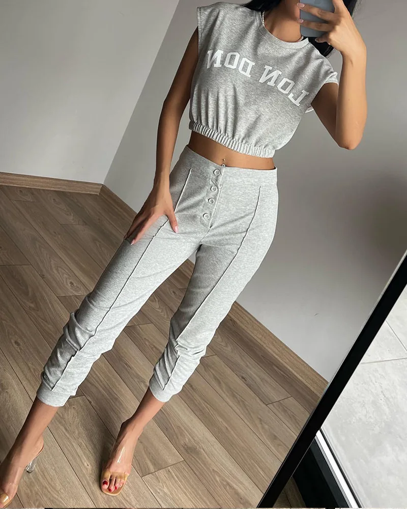 

Women 2pcs Clothes Suit Short Sleeve Tops Letter Print Crop Top & Buttoned Pants Set Full Length Pants