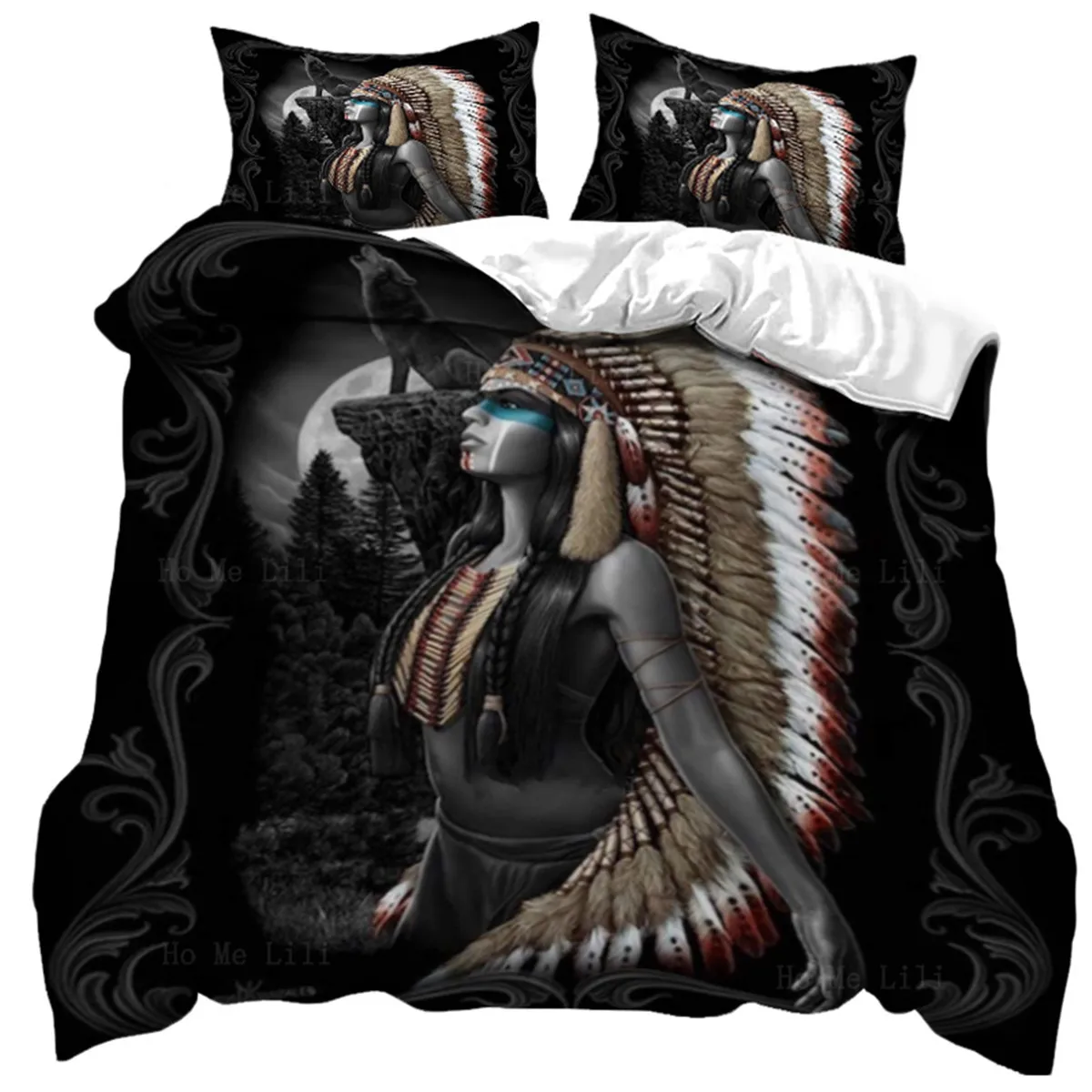 Indian Feather Duvet Cover Aboriginal Black and Grey Wolf Tattoo Art Aztec Ethnic Tribes Culture Style Duvet Cover Bedroom Decor