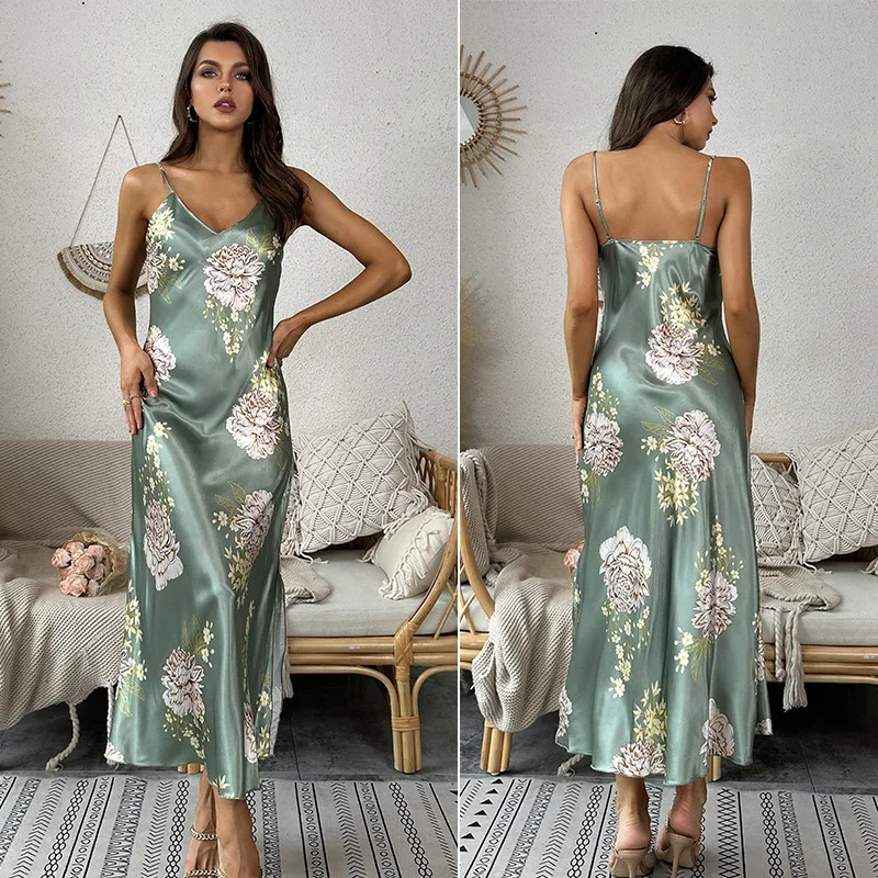 

Floral Print Long Nightgown Sleepwear Sexy Suspender Nightdress Nightwear Women Summer Lingerie Home Dressing Gown Bathrobe
