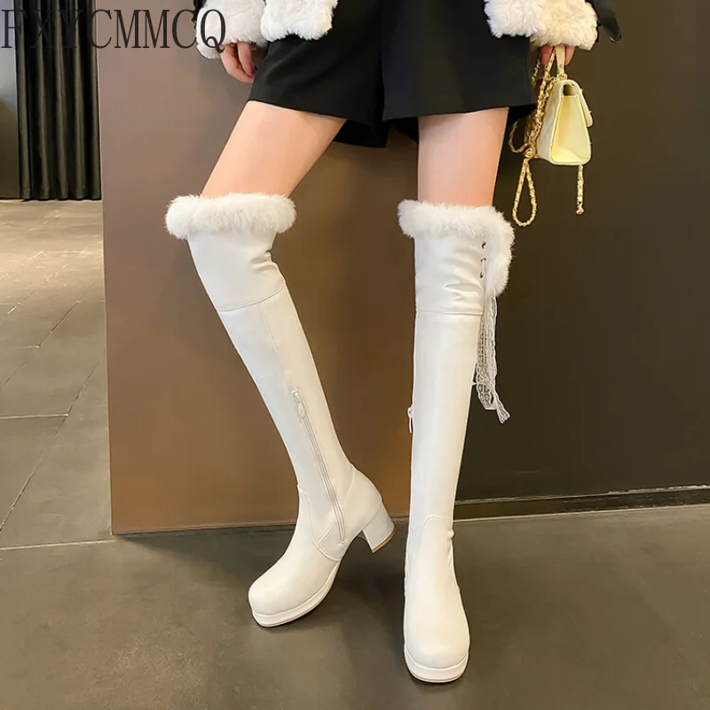 FXYCMMCQ 2022 Autumn/Winter Round Toe High-heeled Thick Velvet Elastic Boots Temperament All-match High-heeled Women's BootsF633