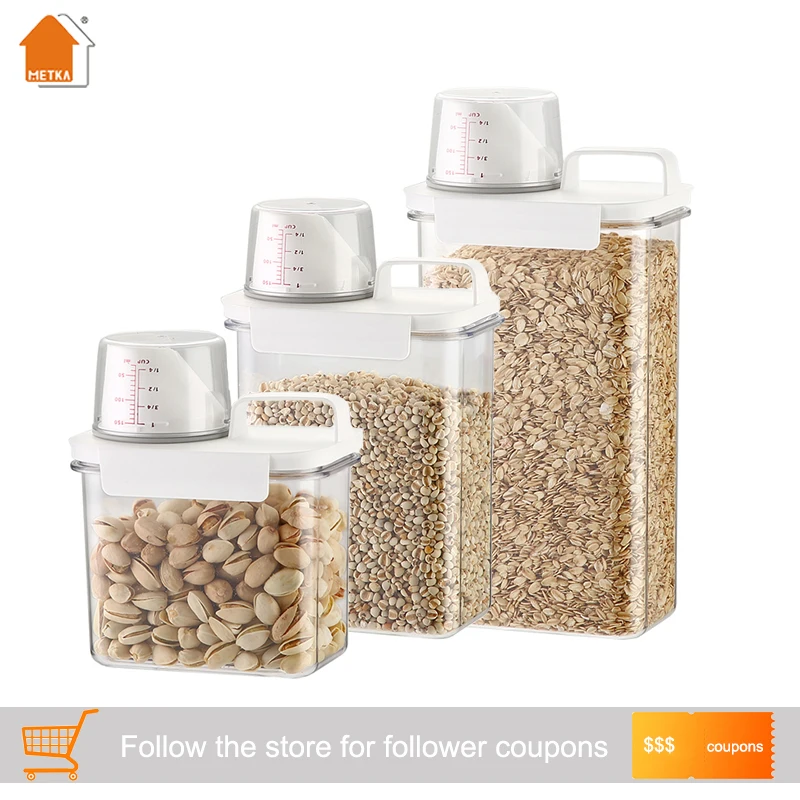 

METERGA Airtight Storage Container, Rice Cereal Dry Food Flour Bin, Pet Dog Cat Food Dispenser with Measuring Cup, Nut Seal Jar