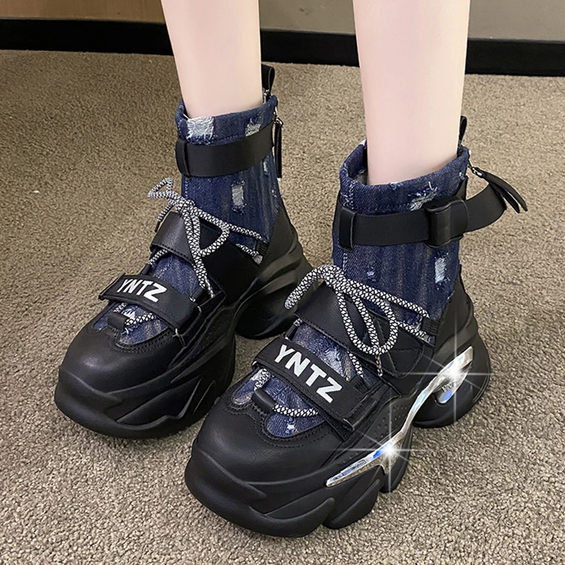 

2023 Autumn Chunky Platform Motorcycle Boots Women Denim Buckle Lace Up Ankle Boots Woman Fashion Thick Bottom Demonia Booties
