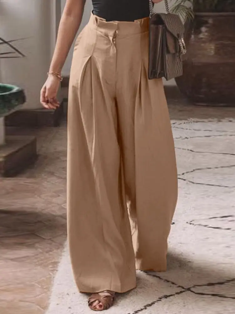 

ZANZEA Spring Fashion Pleated Long Pantalon Women High Waist Solid Wide Leg Trousers Casual Palazzo Elegant Loose Pants Oversize