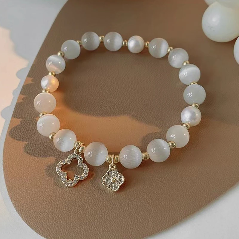 

Natural Cat Eye Stone Bead Bracelet Luxury Rhinestone Clover Charm Pearl Bangle for Girls Women Cute Crystal Cuff Jewelry Gift