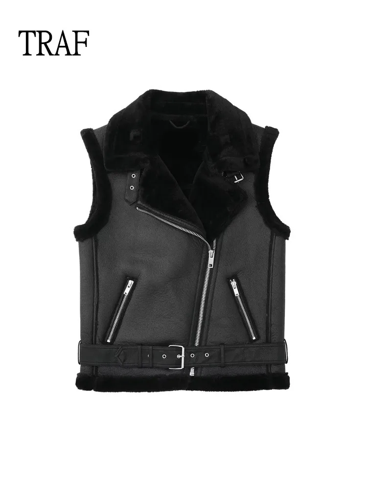 

TRAF Women Vests 2022 Autumn New Lambswool Imitation Leather Warm Outerwear Casual Belt Sleeveless Winter Woman Vests Jackets
