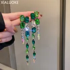 Женские Висячие серьги XIALUOKE, длинные зеленые прямоугольные серьги с кисточками и кристаллами, винтажные геометрические серьги гипербола, модные ювелирные украшения
