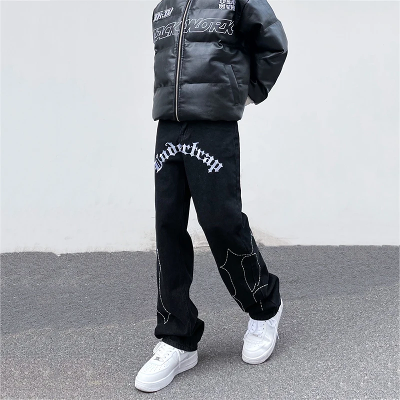YIHANKE Washed Jeans Pants Men Hip Hop Embroidered Letters Special Sewing Straight Loose Oversized Casual Denim Trousers