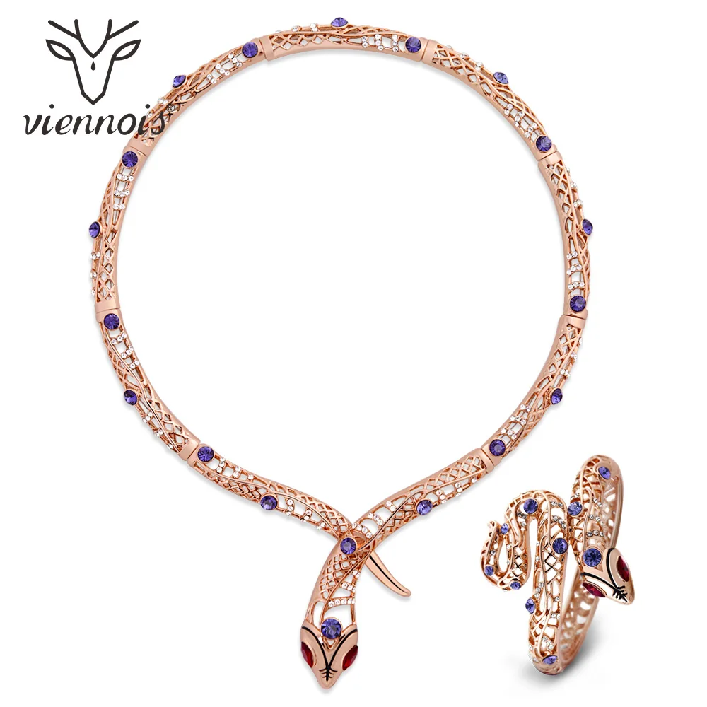 

Viennois Vintage Rose Gold Snake Jewelry Sets Luxury Rhinestone Serpent Choker Necklace Bangle Jewelry Set for Women Animal