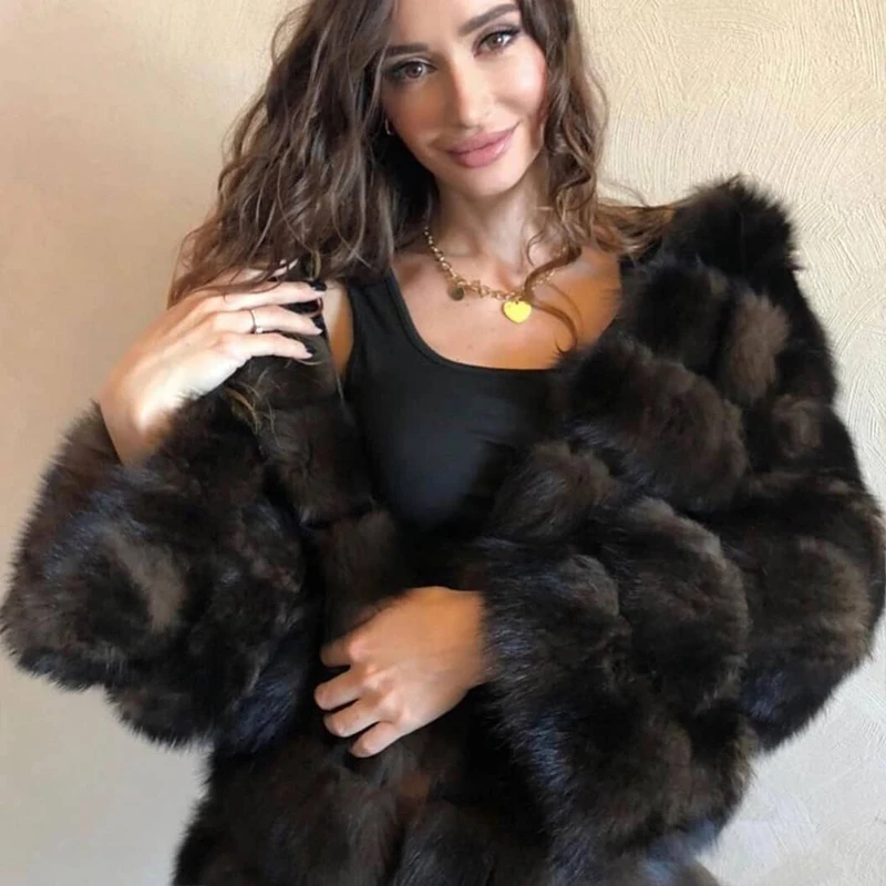 TOPFUR Natural Sable Color for Fox Fur Coat Women Winter Warm Luxury Tops Genuine Strip Sewed Fashion Real Fur Jacket Female