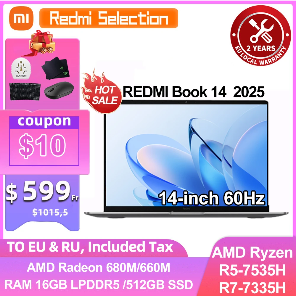 Фото Ноутбук Xiaomi Redmi Book 14 2025 Ryzen 7-7735H/R5-7535H Radeon 680M/660M RAM 16 ГБ 512 ГБ SSD 14-дюймовый экран 60 Гц Тонкий ПК для ноутбука №1