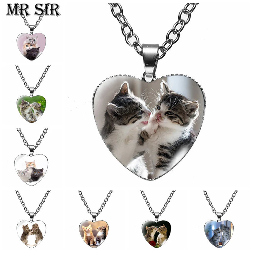 

New Cute Pet Cat Heart Pendant Necklace Cartoon Animal Kittens Cat Glass Dome Neckalce Fashion Jewelry Women Friends Couple Gift