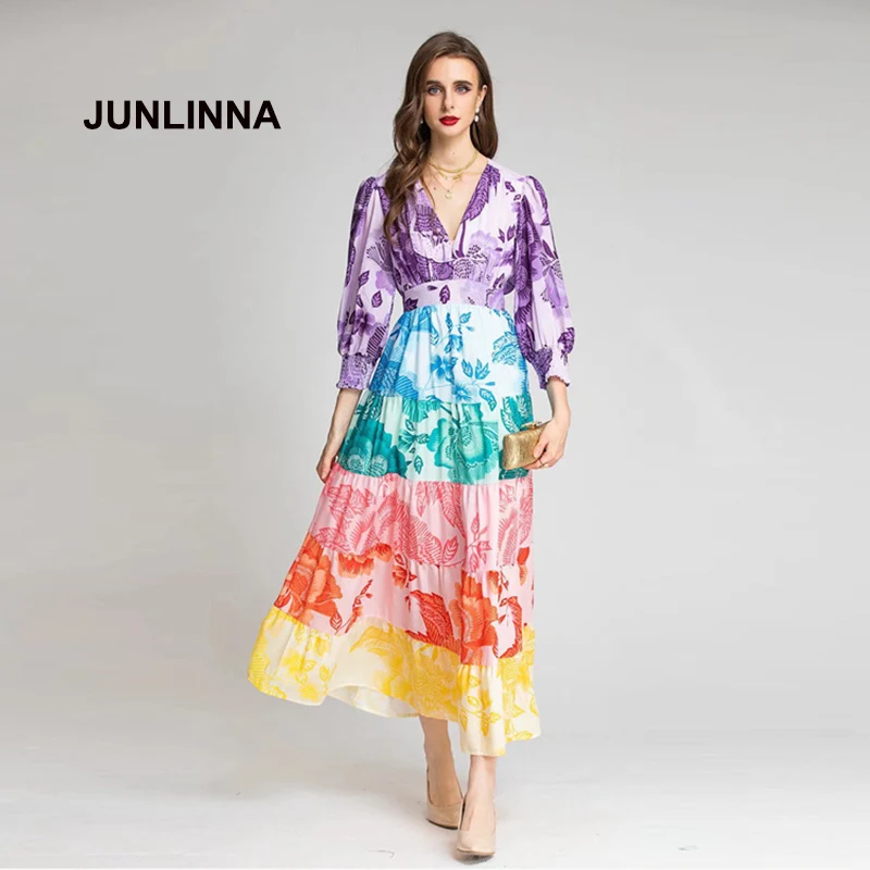 

JUNLINNA High Quality Women Dress 2022 Summer elegant Beach Holiday Expansion Vestidos V Neck 3/4 Sleeve Sliming Wear