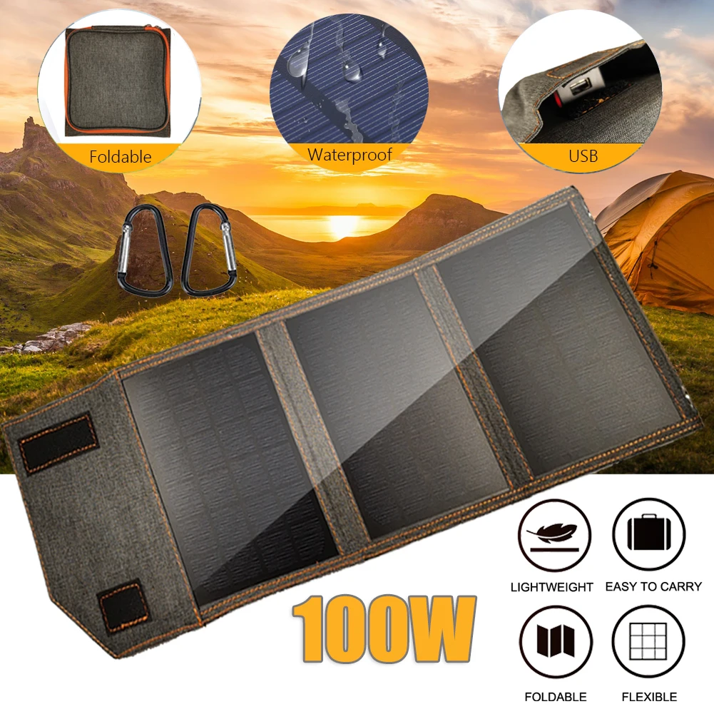 

100W Folding Solar Panel Fast Charge 5V 2.5A Waterproof Sunpower Outdoor Bag for Mobile Phone Power Bank Camping Hiking 3/4Fold