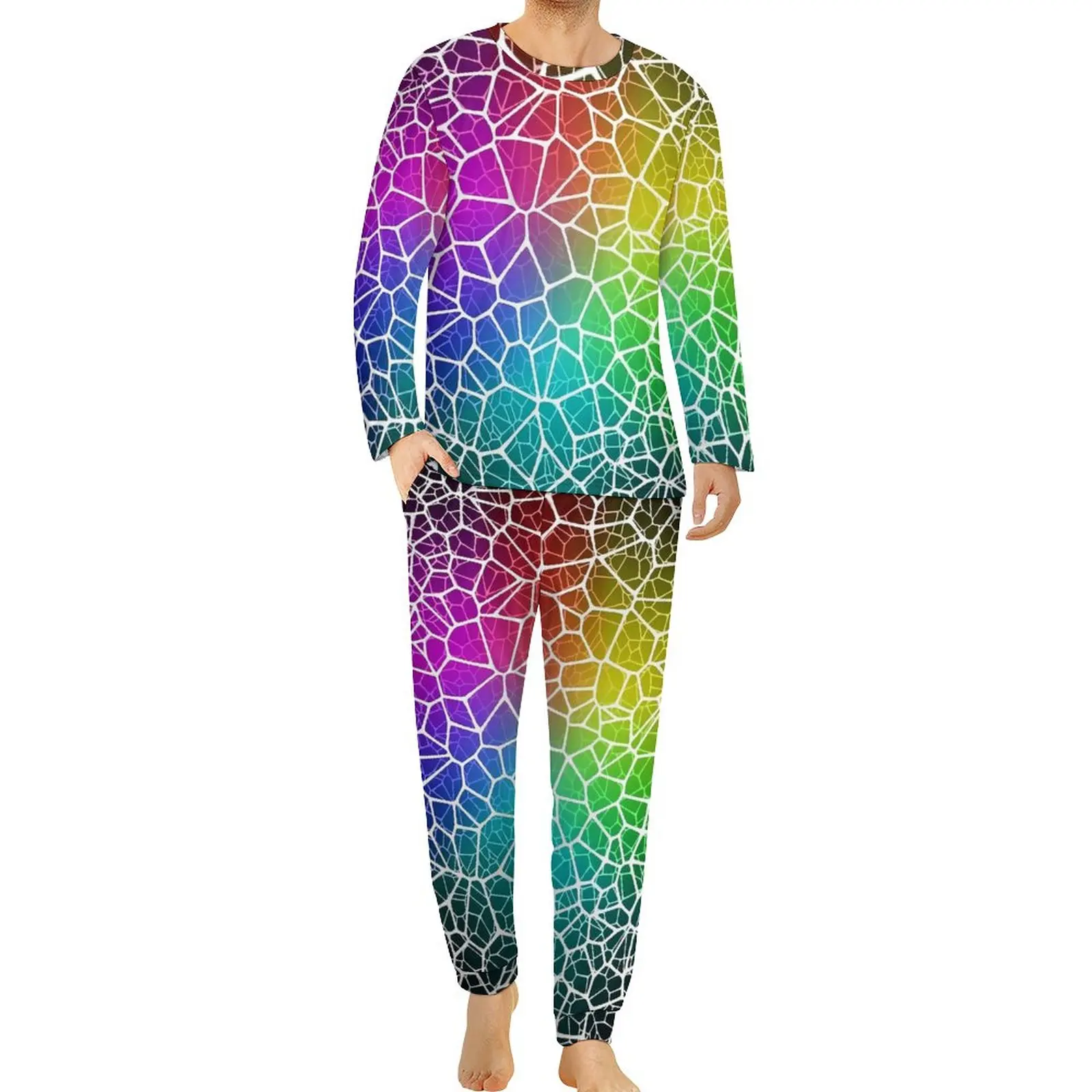 

Rainbow Shallow Water Pajamas Spring Cracked Surface Night Nightwear 2 Pieces Graphic Long-Sleeve Kawaii Oversized Pajamas Set