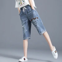 high waist capri jeans denim pants for women female vintage print hole elastic waist calf length trousers mujer e63