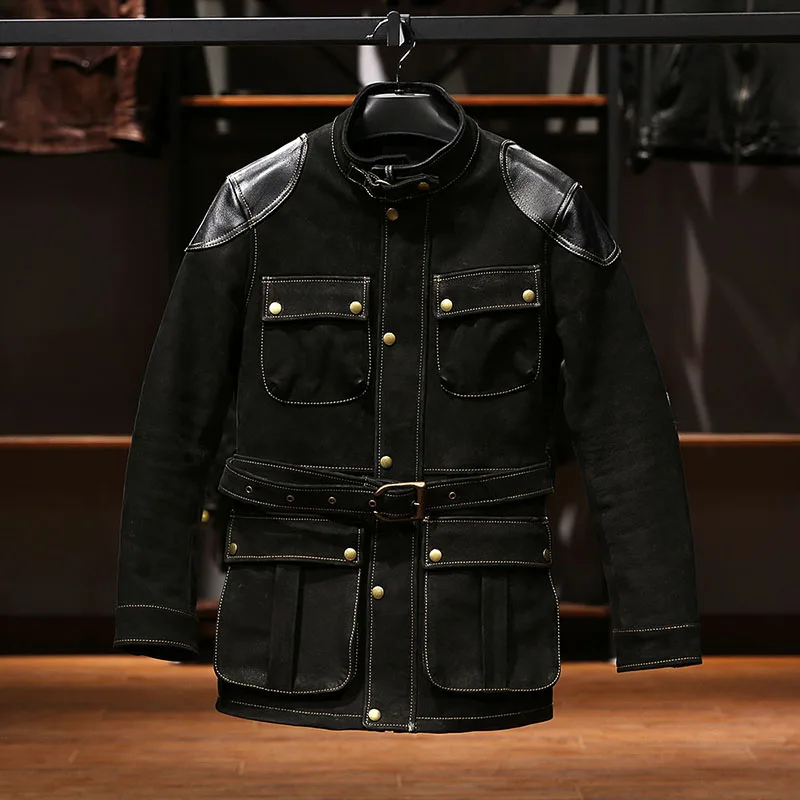 

Spring autumn season men's fashion casual hunting leather jacket standing collar splicing frosted cowhide biker clothes