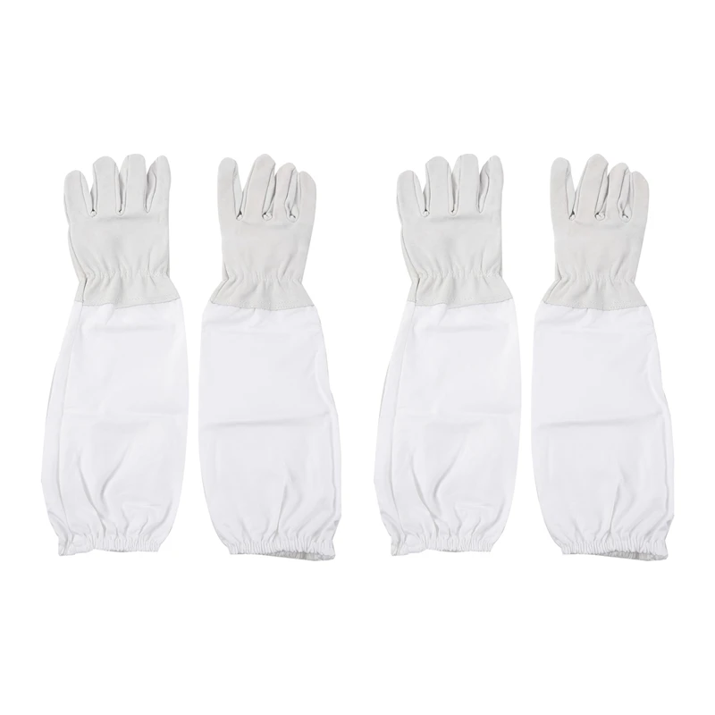 

2 Pair Of Gloves With Protective Sleeves Ventilated Professional Anti Bee For Apiculture Beekeeper - Gray And White