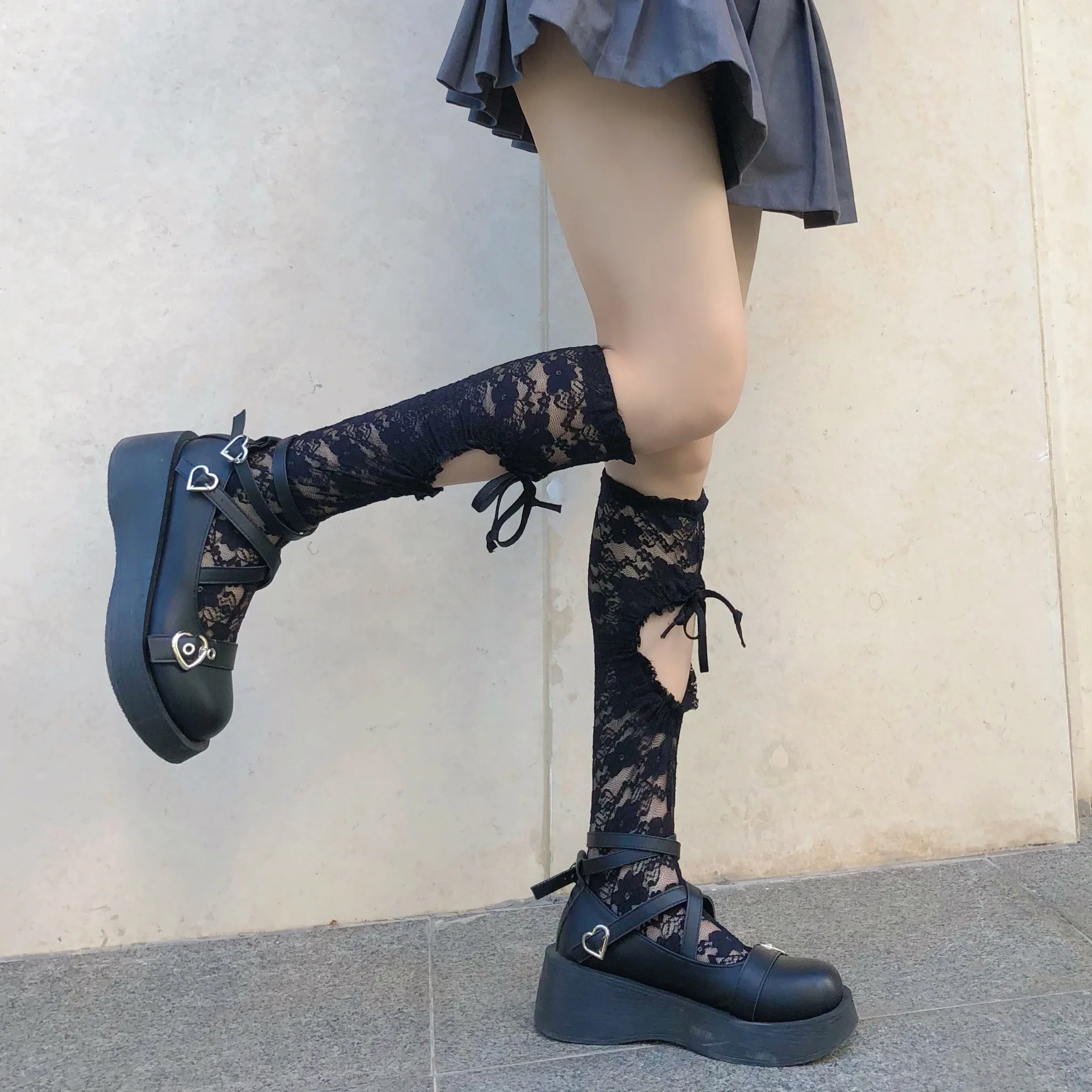 

Женские готические длинные носки Y2k Goth Lolita, женские кружевные черные носки с рюшами и рюшами