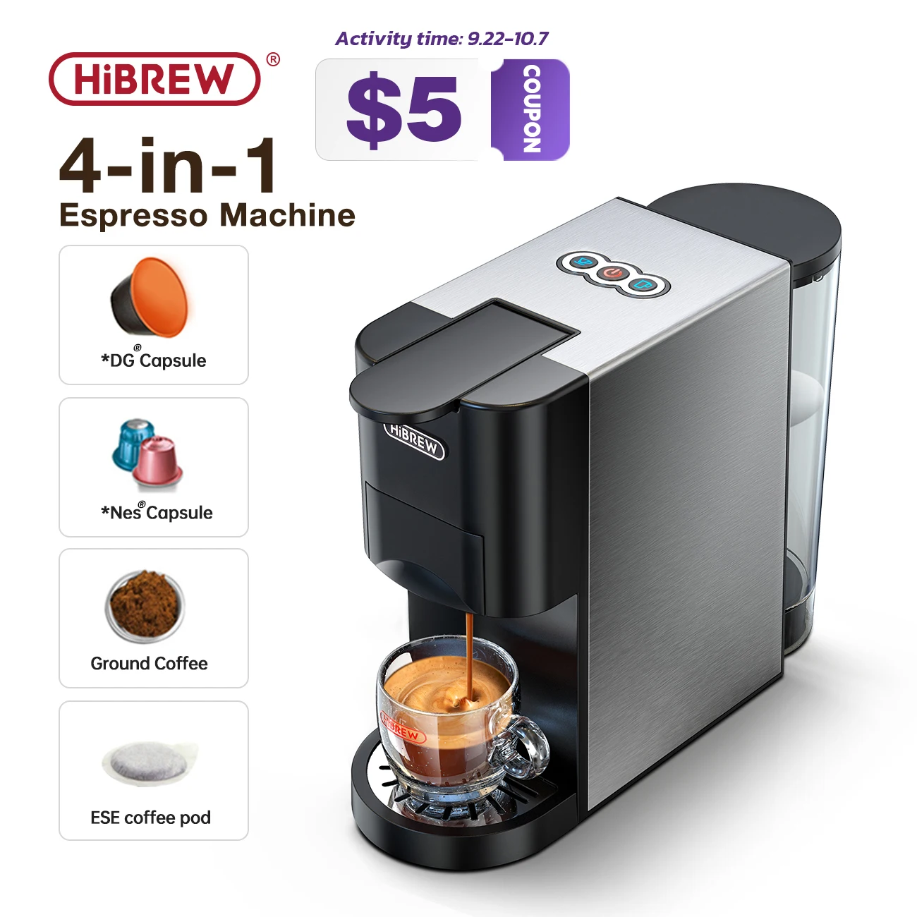 HiBREW Кофемашина 4in1 несколько эспрессо капсулы Dolce Milk & с фильтром для кофемашины Nespresso и ESE Pod & порошок Кофе чайник из нержавеющей стали Outook H3 HiBREW Кофемашина 4in1 несколько эспрессо капсулы Dolce Milk & с фильтром для кофемашины Nespresso и ESE Pod & порошок Кофе чайник из нержавеющей стали Outook H3