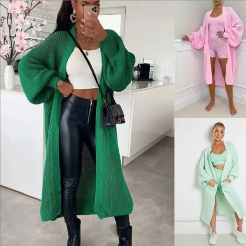 

2023 autumn and winter new women's solid color sweater pocket cardigan long sweater women's coat