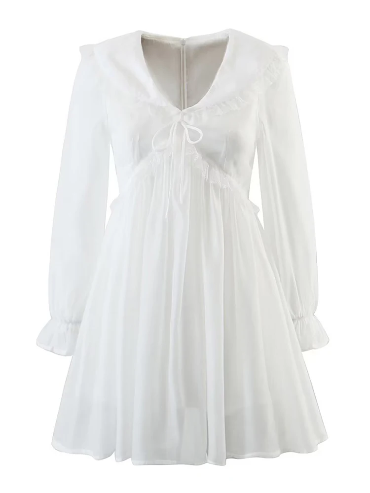 

Новое модное женское кружевное лоскутное белое платье с воротником «Питер Пэн» дамское милое мини-платье А-силуэта с длинным рукавом