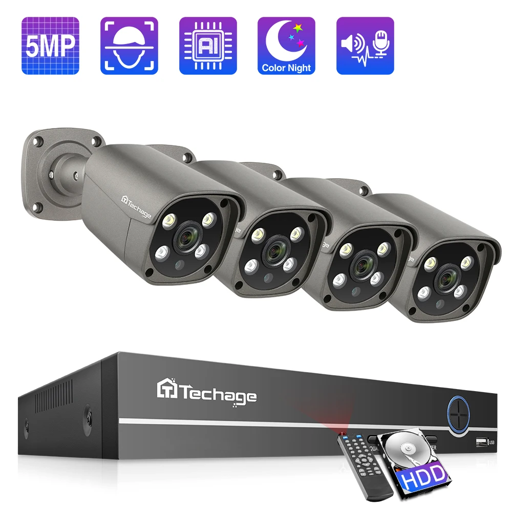 Tekage 8CH 5MP POE NVR IP kamera sistemi AI insan tespit edilen iki yönlü ses dış güvenlik kamerası seti CCTV Video gözetim kiti
