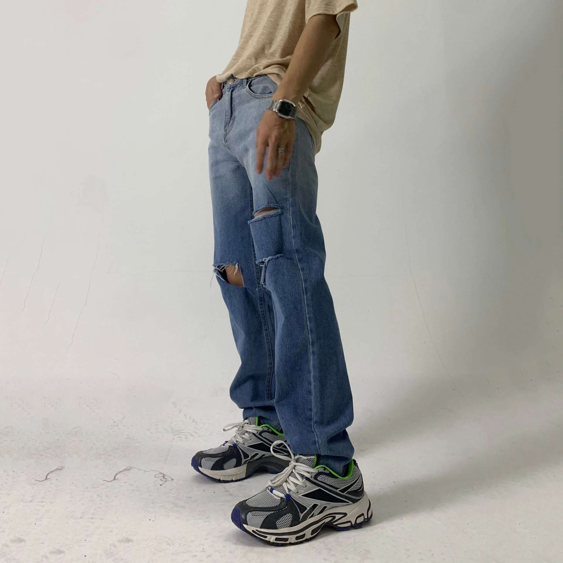 Men's Gradient Jeans Korean Style Straight Pants Design Long Pants Women's Ripped Beggar Wide Leg Pants Streetwear Men  Casual