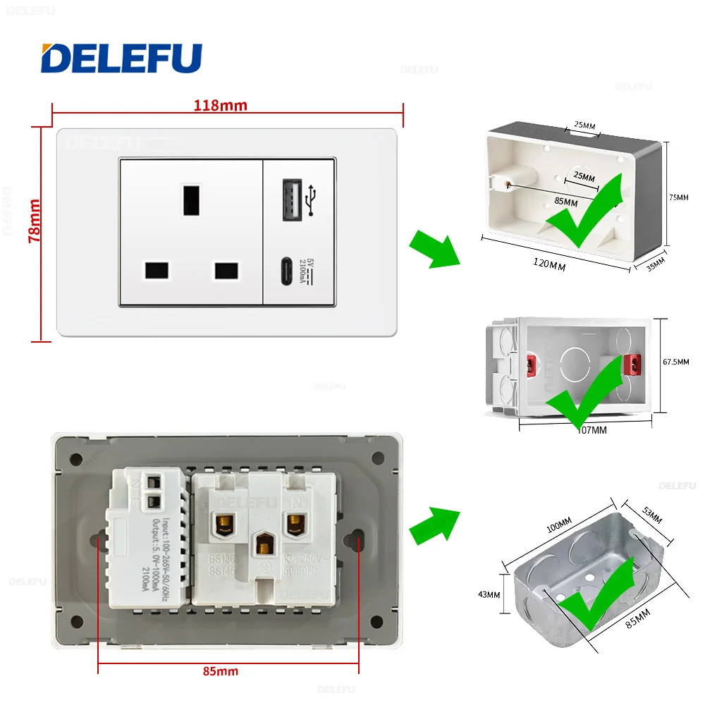 DELEFU UK Series 118x74 мм Настенная стандартная розетка импульсной мощности USB-C PC белая
