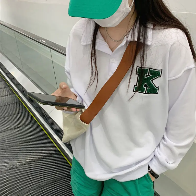New retro POLO shirt loose all-match lazy sports college style long-sleeved pullover sweater women