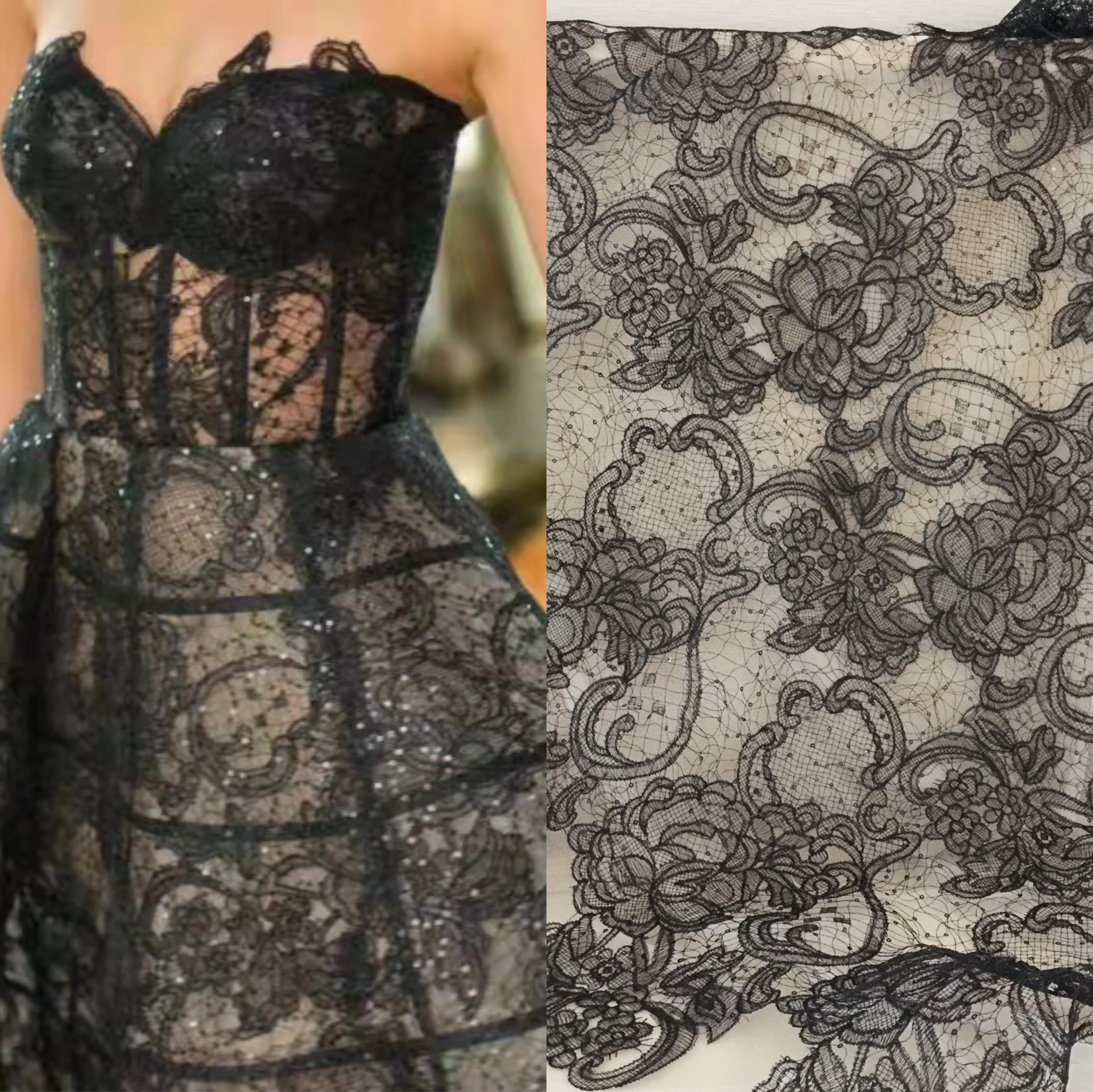 

1 Yard Sequin Alencon Lace Fabric withCircles in Ivory Black Floral Emrboidery Fabric for Wedding Gown, Lace Caps