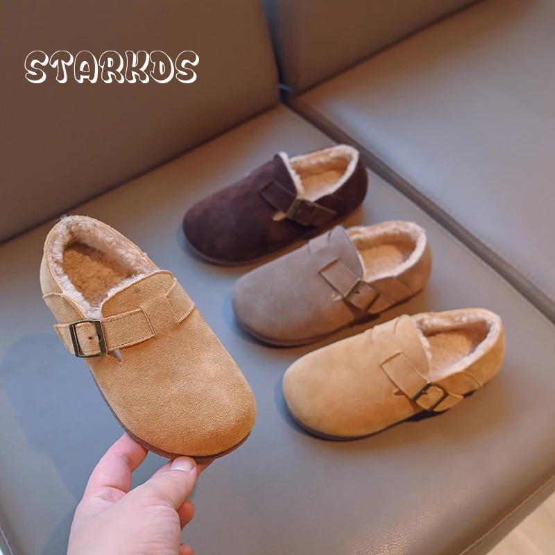 Kids Genuine Leather Birken Shoes Boys Winter Warm Fleece  Loafers Child Luxury Brand Design Premium Suede Slip-on Rubber Flats