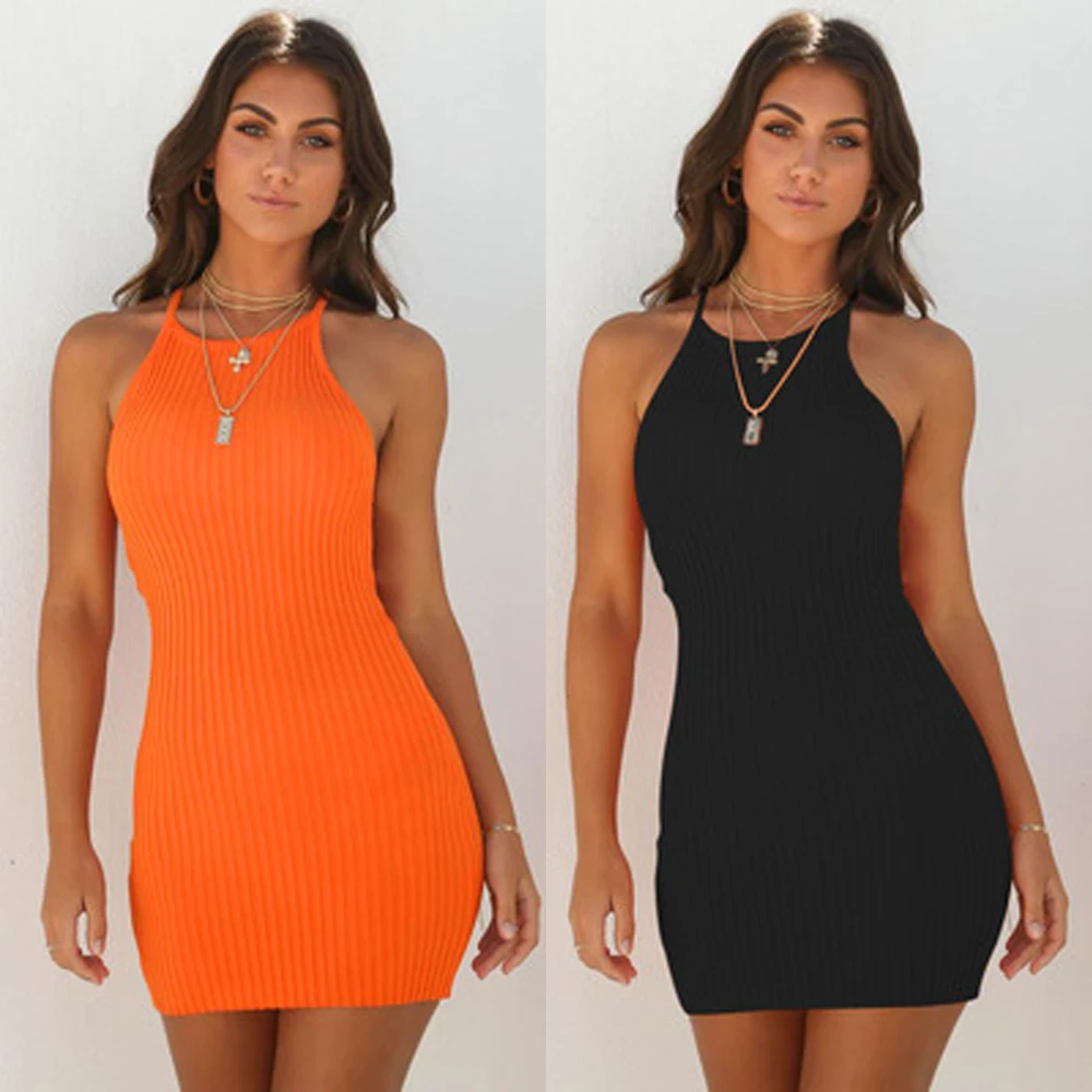 

Women Ladies Dresses Sexy Summer Sleeveless Tank Slim Mini Short Knitted Bodycon Sundress 5 Color Female Vestidos Orange