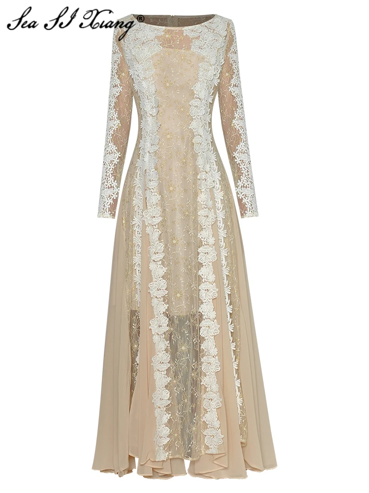 

Seasixiang Fashion Designer Spring Summer Dress Women O-Neck Long Sleeve Mesh Embroidery Elegant Party Long Dresses